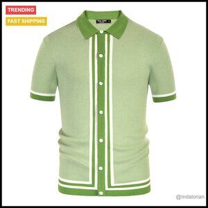 Vintage Stripe Knit Polo Shirt Slim Fit Retro Golf Tennis Casual